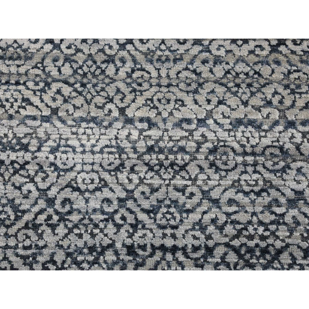 Blue, Modern Damask Design Hand Knotted, Wool and Silk Runner Rug, 2'8"x8'2"