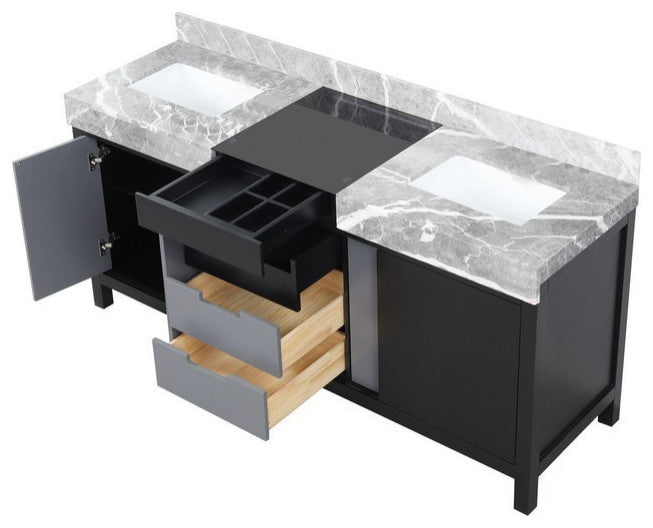 Zilara 72" Black and Grey Double Vanity, Castle Grey Marble Tops