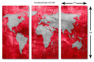 Red and Silver World Map Canvas Print, 3 Panel Split, Triptych Wall Art, 45x30