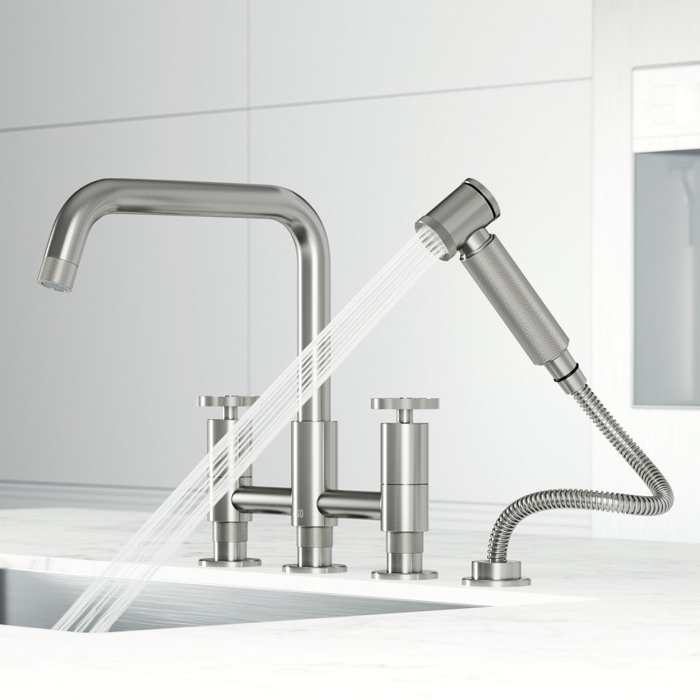 VIGO Cass 12" H 2-Handle Widespread Bridge Pull-Out Sprayer Kitchen Faucet, Stainless Steel
