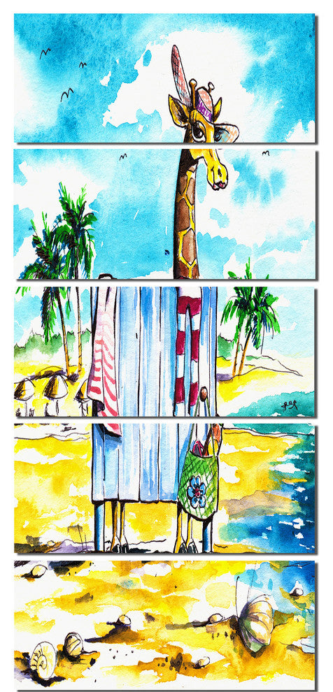 "Giraffe in Dressing Room on Beach" Cartoon Animal Print, 5 Panels