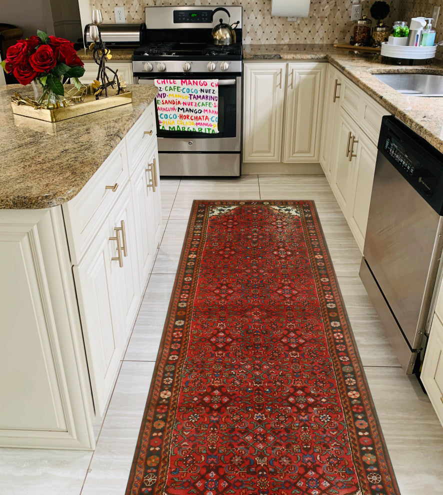 Fine Vintage Distressed Beldan Red/Charcoal Runner, 3'7x13'5