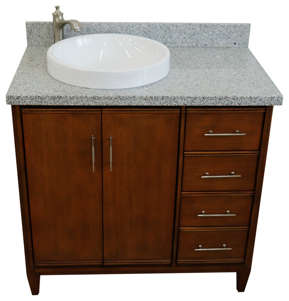 37" Single Vanity, Walnut Finish With Gray Granite