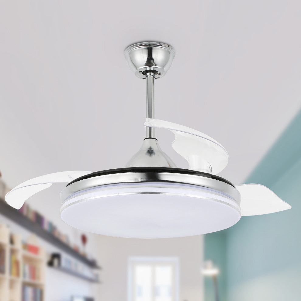 42" Modern Retractable Ceiling Fan with Light Kit and Remote Control 3 Blades, Chrome, 42"