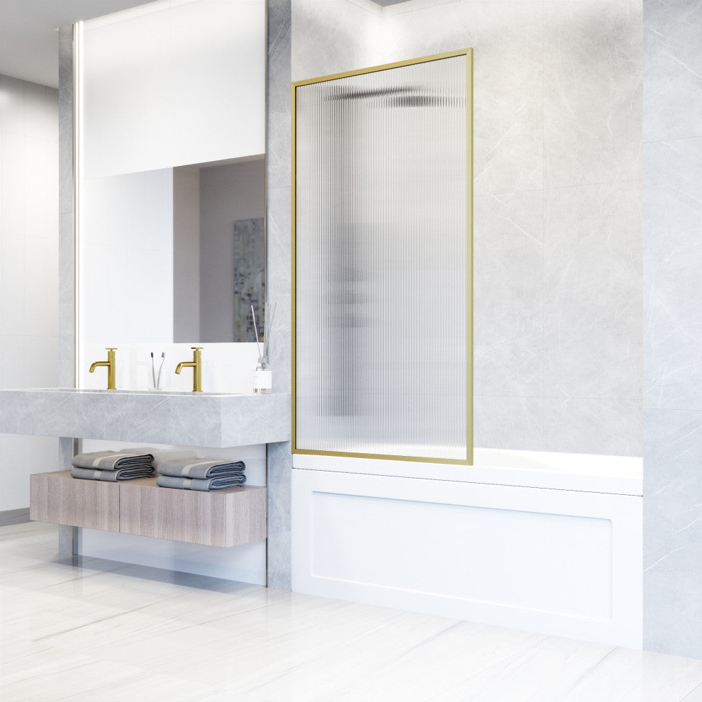 VIGO Meridian Framed Fixed, Matte Brushed Gold, Tub Screen, 34" W X 62" H, Fluted Glass