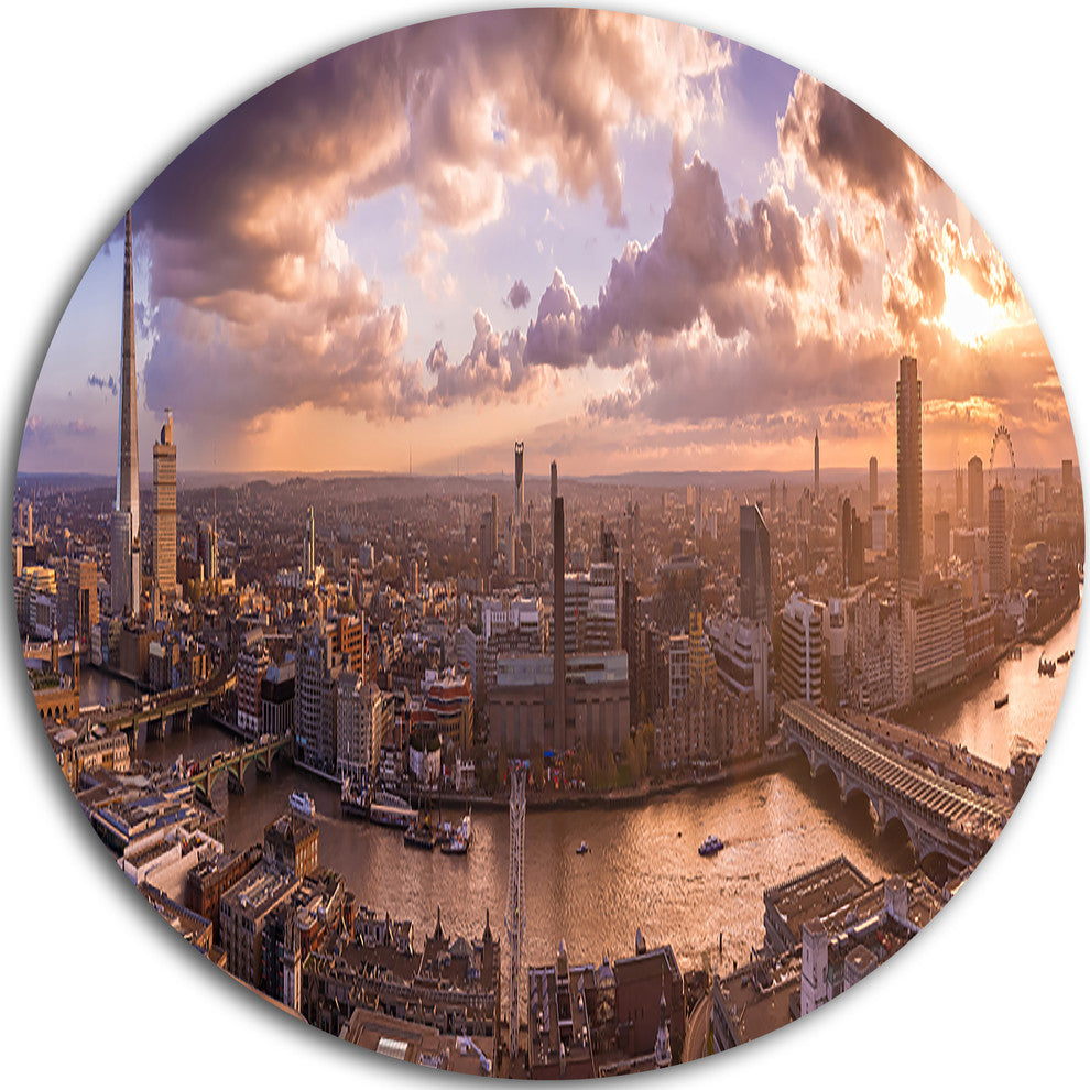 Sunset Through Clouds In London, Photo Round Metal Wall Art, 36"