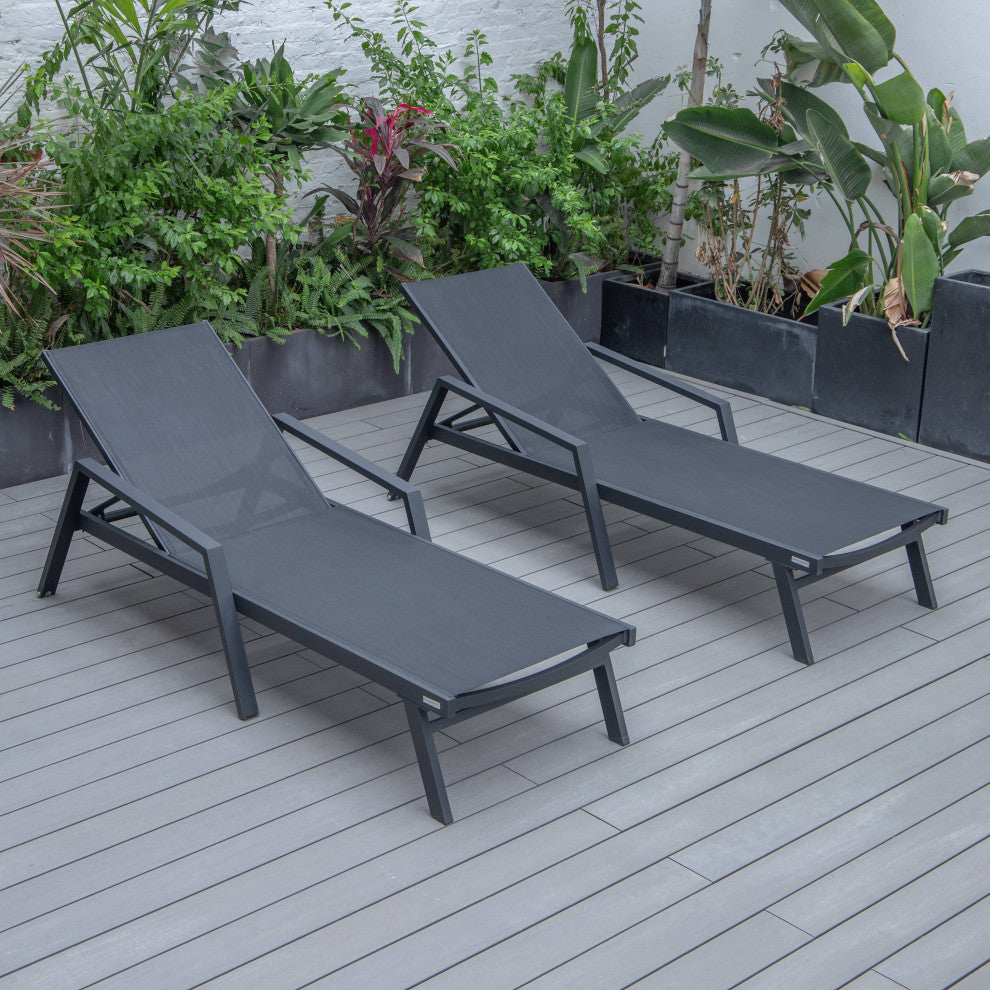 LeisureMod Marlin Outdoor Patio Stackable Chaise Lounge Chair with Arms Set of 2, Black