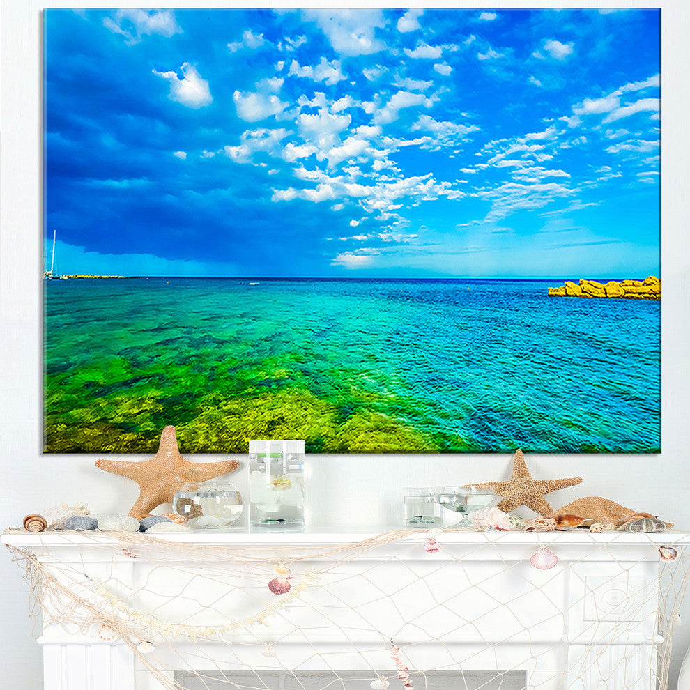 "Picturesque Green Blue Seashore" Modern Seascape Wall Art, 40"x20"