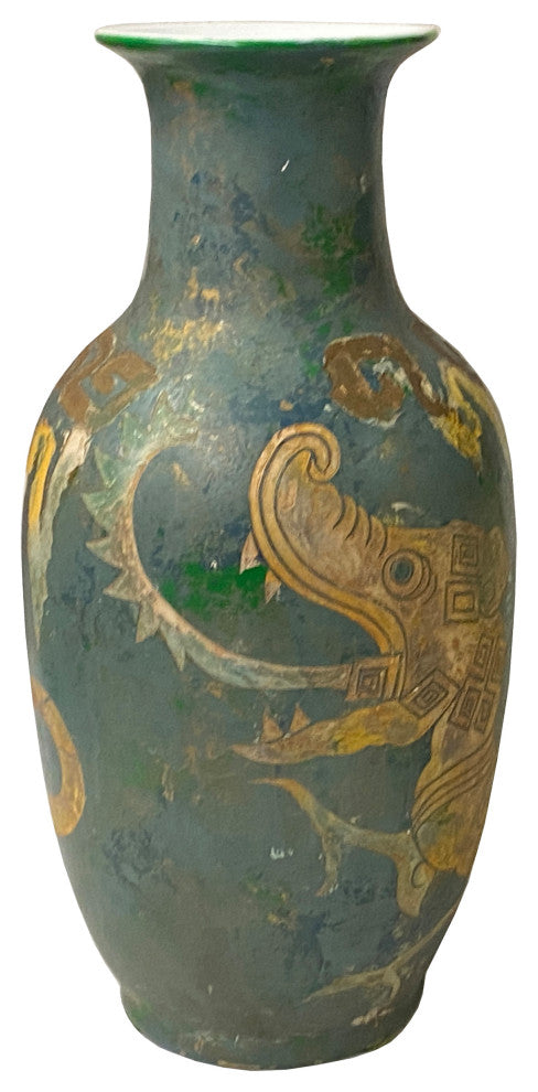 Chinese Distressed Blue Green Paint Porcelain Dragon Pattern Vase Hws2440