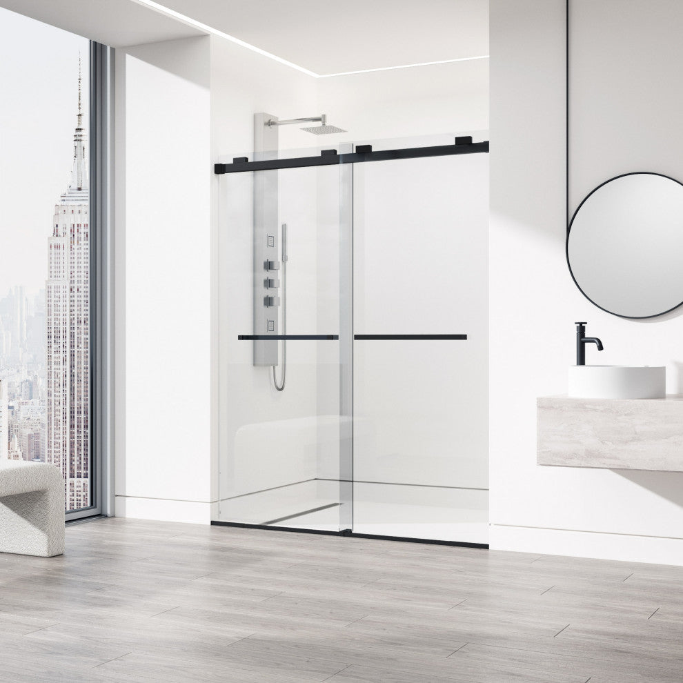 VIGO Houston Frameless Sliding, V-Motion, Matte Black, Shower Door, 56" to 60" W X 76" H, Clear Glass