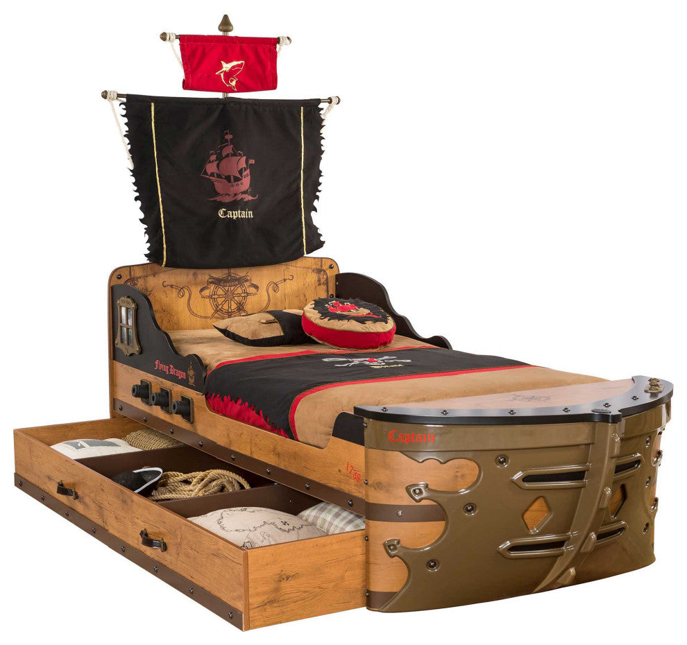 Pirate Twin-Size Captain''s Ship Bed with Sails and Deck and Trundle Storage Bed