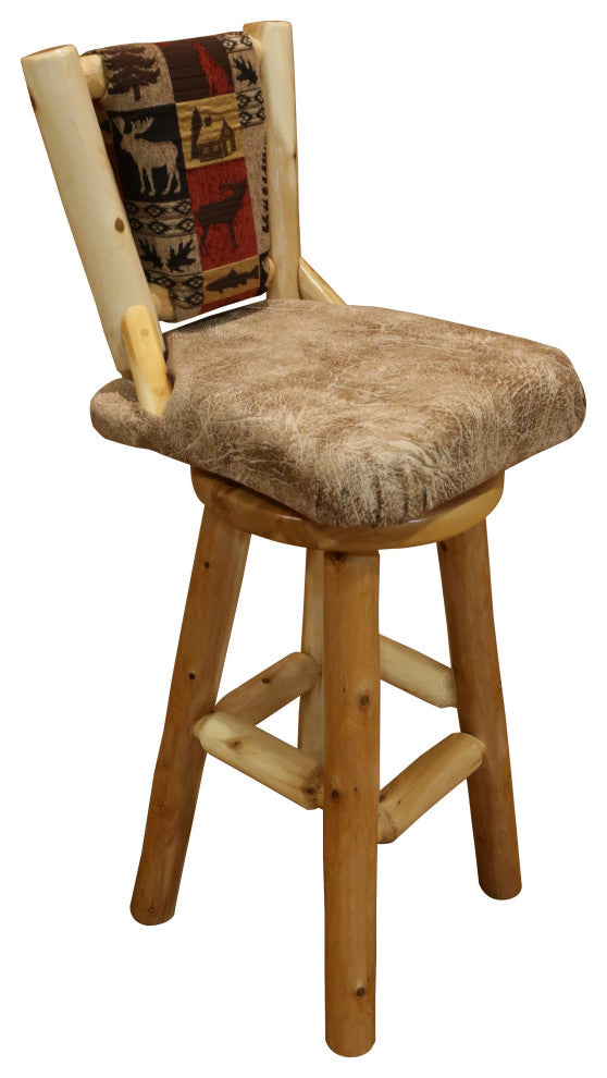 White Cedar Log Upholstered Swivel Barstool, Counter Height, Fairbanks Red and Emerson Buff