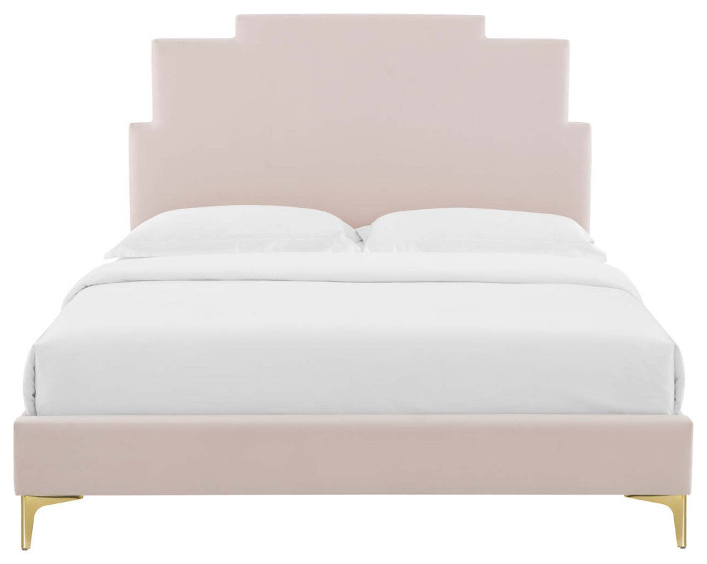 Platform Bed Frame, Queen Size, Velvet, Pink, Modern Contemporary, Bedroom