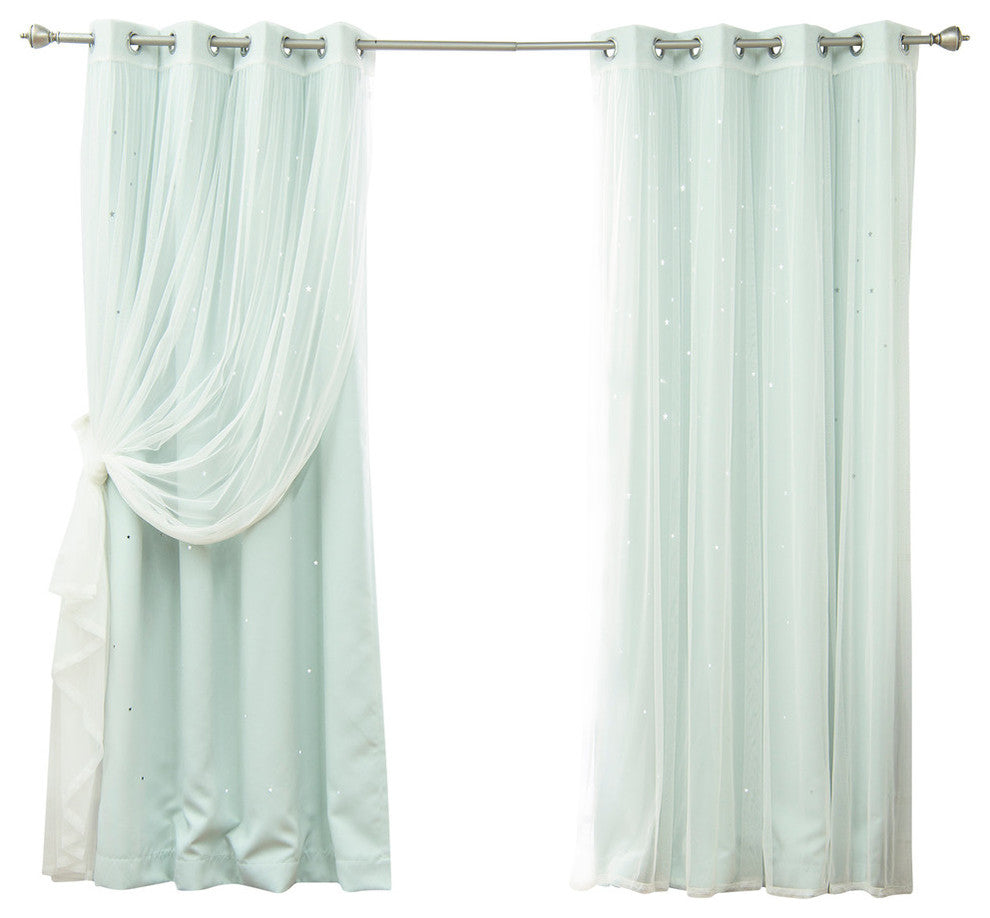 Tulle and Star Cut Out Blackout Mix and Match Curtains, Mint, 84"