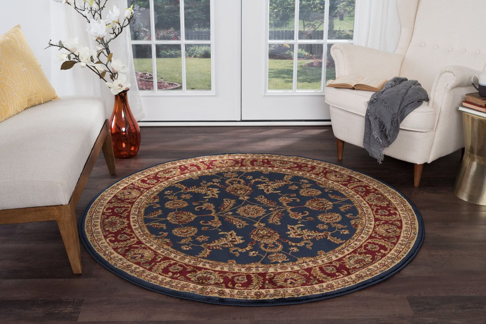 Sariya Transitional Oriental Navy Round Area Rug, 8' Round