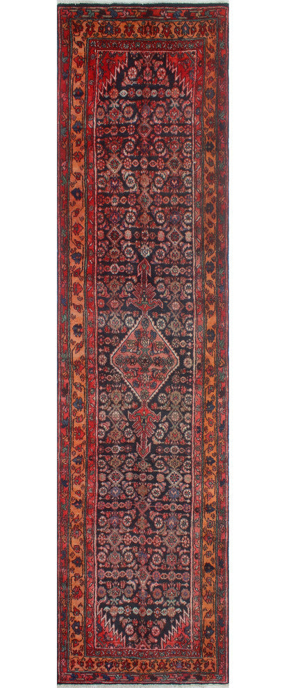 Fine Vintage Distressed Damilett Charcoal/Beige Runner, 3'4x14'1