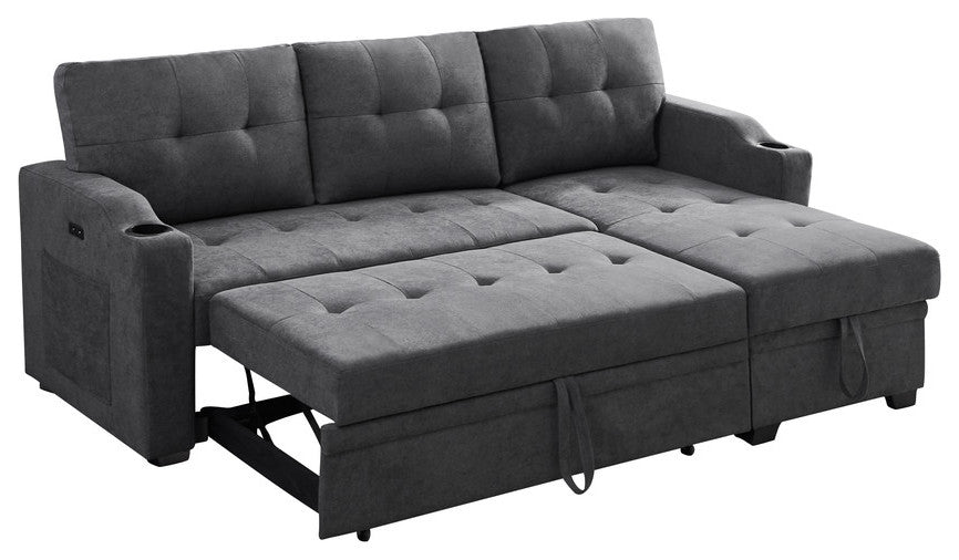 Mabel Fabric Sleeper Sectional With Cupholder, USB and Pocket, Dark Gray, Woven