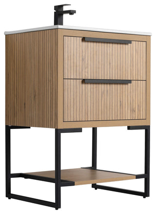 Kingsford Grooved-Look Bath Vanity, Bright Oak, White Ceramic Sink, 24", Drawers