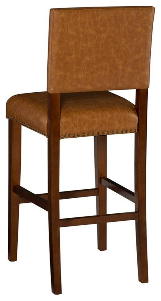 Linon Brook 30" Wood Bar Stool Caramel Faux Leather Nailhead Trim in Walnut