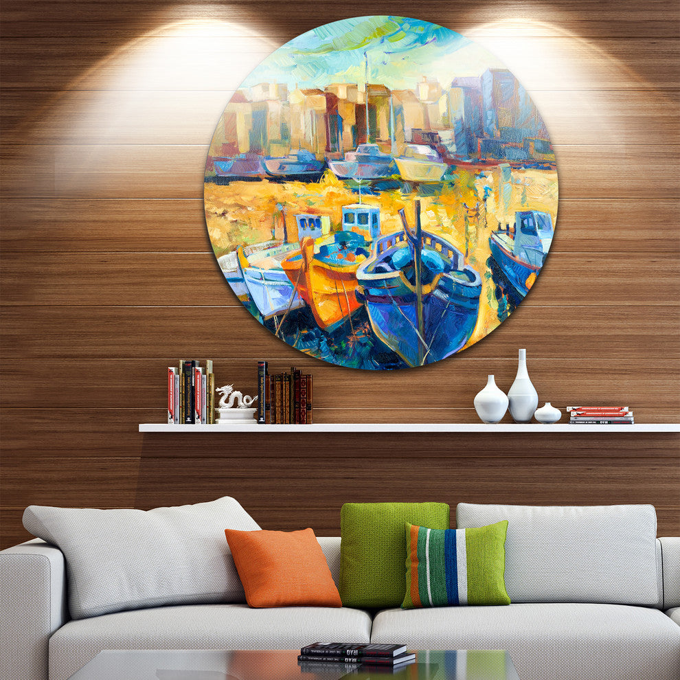 Wharf And Boats, Seascape Painting Disc Metal Artwork, 36"