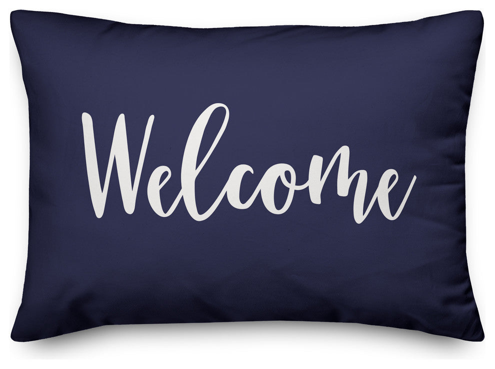 Welcome Lumbar Pillow, Navy, 14"x20"