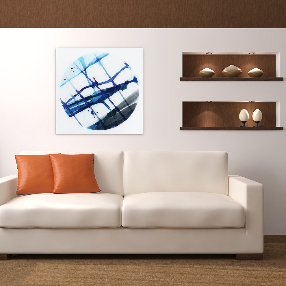 "Blue Stripes" Abstract Wall Art Frameless Free Floating Tempered Glass Panel