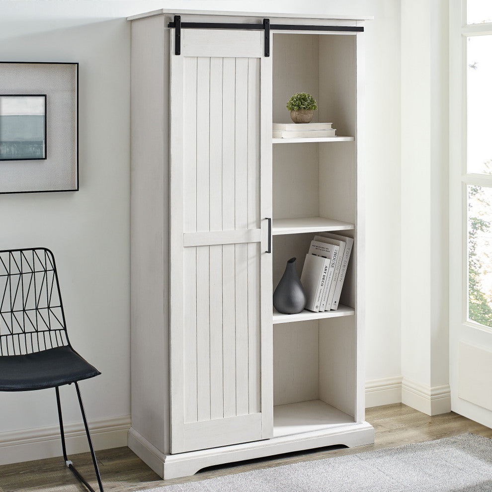 Modern Farmhouse Grooved Sliding Door Tall Storage Cabinet "“ Brushed White