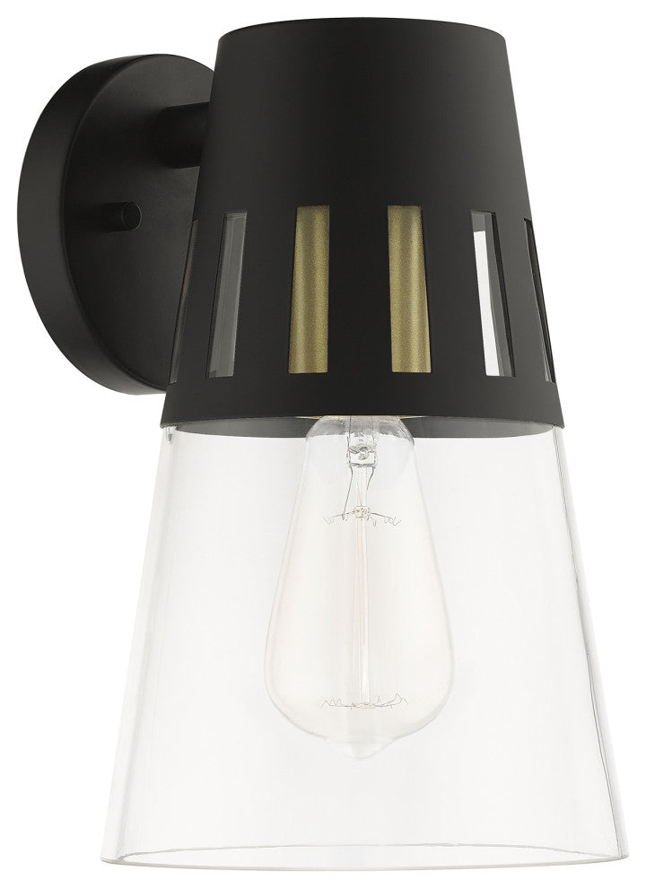 Covington 1-Light Black Outdoor Medium Wall Lantern, Soft Gold Accents