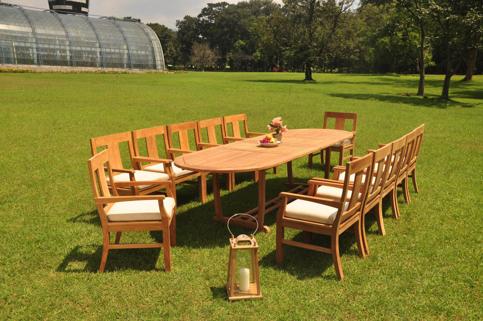 13-Piece Outdoor Teak Dining Set: 117" Masc Extn Oval Table, 12 Osbo Arm Chairs