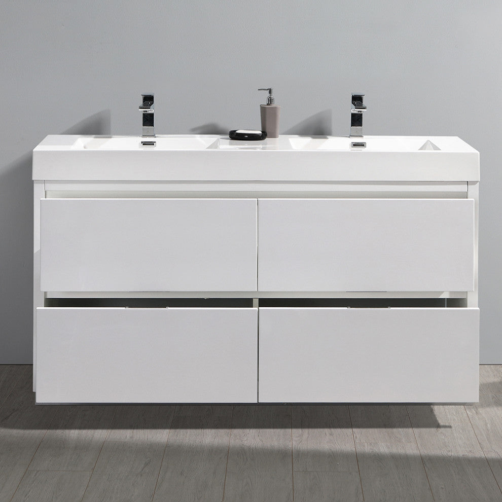 Valencia 60" Glossy White Free Standing Double Sink Bathroom Vanity