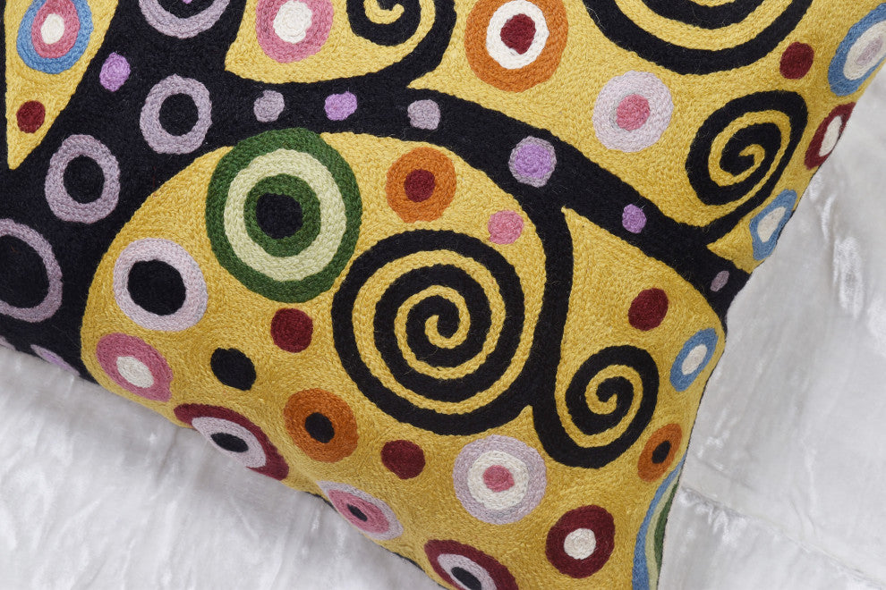 Klimt Yellow Pillow Cover Chair Soulful Tree of Life Hand Embroidered Wool 18x18