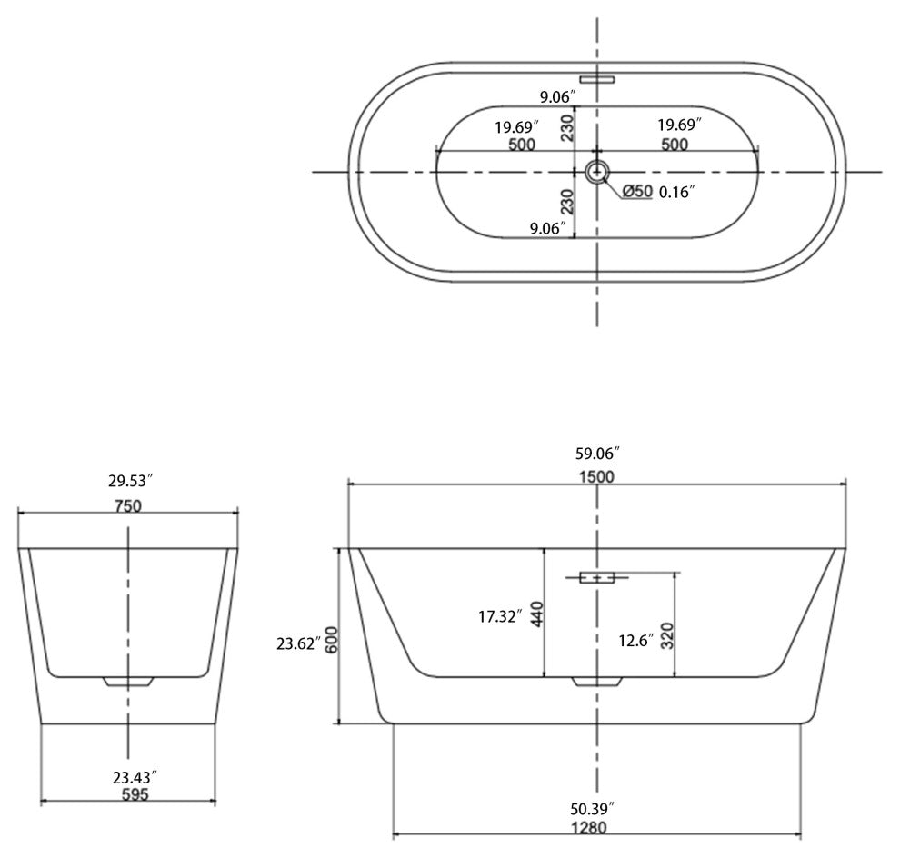 Acrylic Freestanding Soaking Bathtub in White, 59"29"