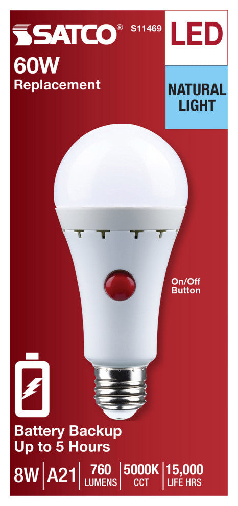 8W A21 LED, 5000K, Medium Base, 120V, 80 CRI, Battery Backup
