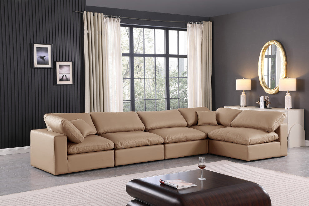 Comfy Upholstered L-Shaped Modular Sectional, Tan, 5-Piece: 3 Armless Chair, 2 Corner Chair, Vegan Leather