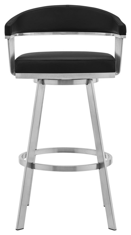 Chelsea Black Faux Leather and Brushed Stainless Steel Swivel Bar Stool, 26"