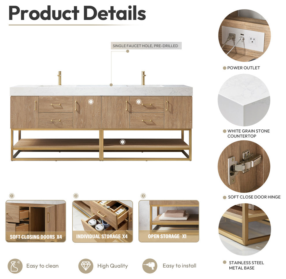 Alistair Vanity, North American Oak With Countertop, 84", With Mirror