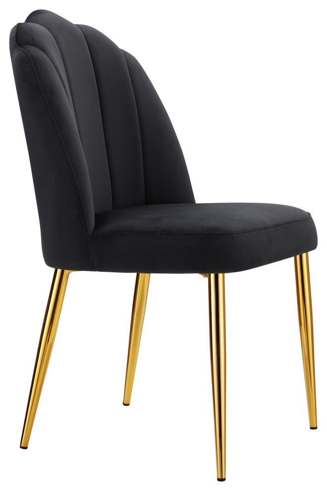 Set of 2 Dining Chair, Golden Legs & Channel Quilted Back With Crown Top, Black