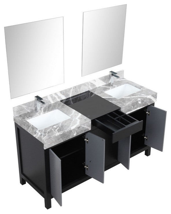 Zilara 60" Black and Grey Double Vanity Set, Monte Chrome Faucet Set