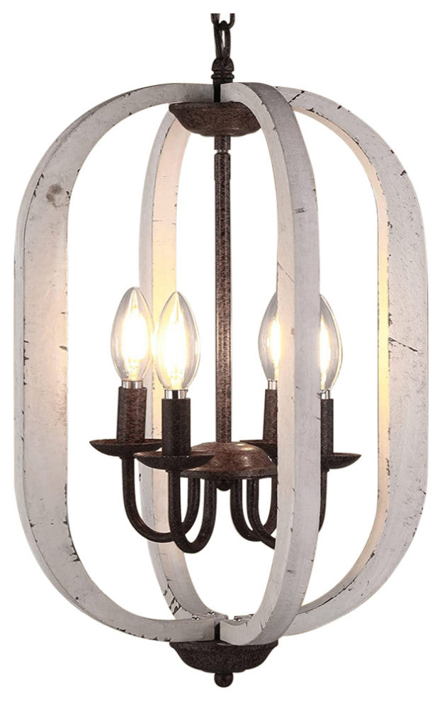 4 Light Wood Chandelier Mini Hanging Pendant Lighting With Retro White Finish