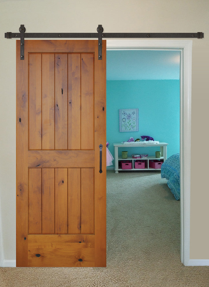 Prefinished Interior Knotty Alder 2 Panel V-Groove Barn Door, Bronze