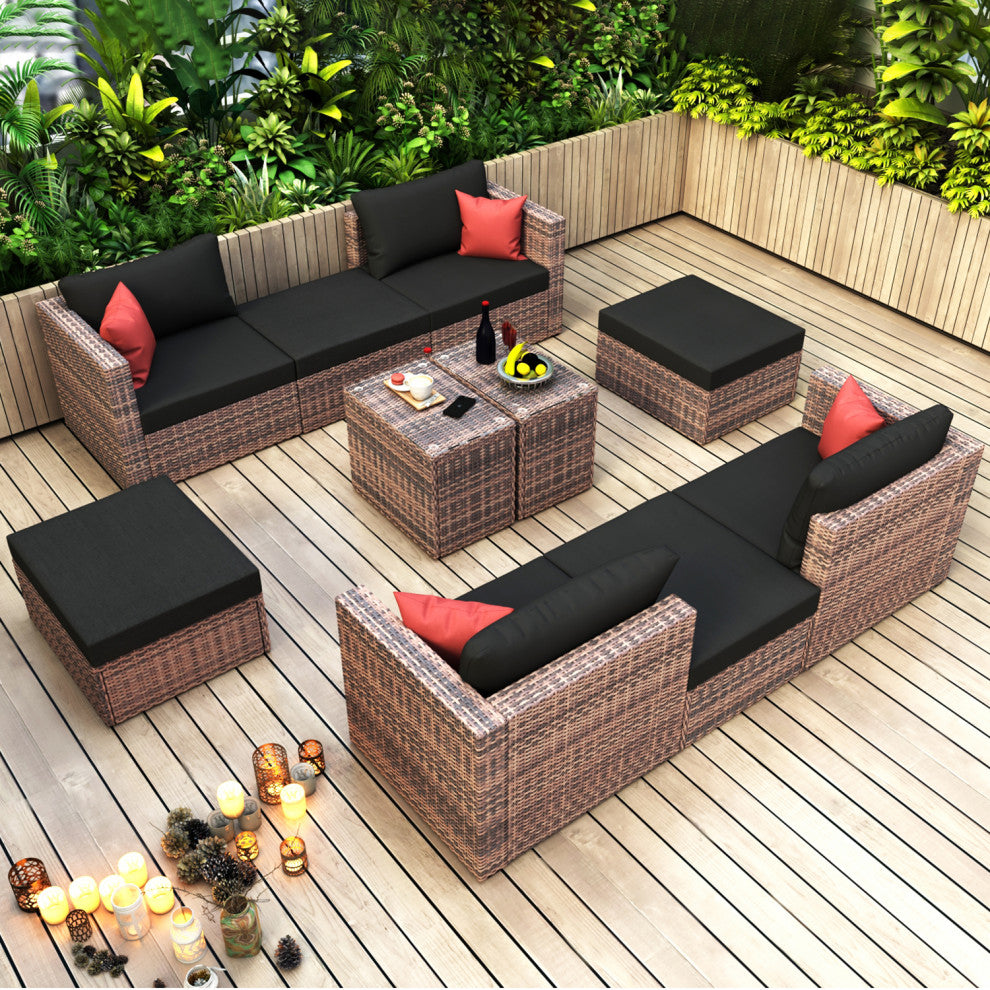 10-Pieces Wide Outdoor Wicker Reversible Patio Sectional With Cushions