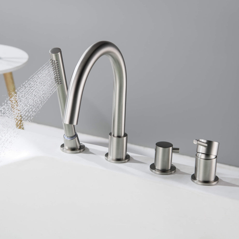 Circular Deck Mounted Bathtub Faucet With Hand Shower, Brushed Nickel