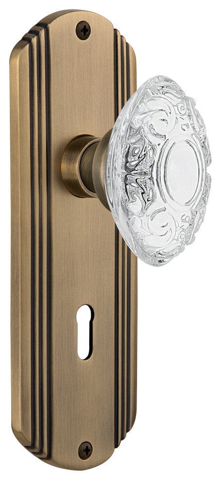 Deco Plate Double Dummy, Keyhole Crystal Victorian Knob, Antique Brass, DECCVI