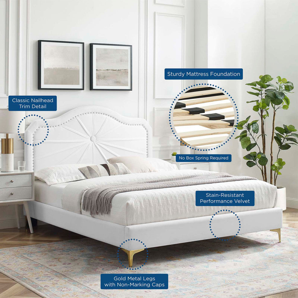 Platform Bed Frame, Full Size, Velvet, White, Modern Contemporary, Bedroom