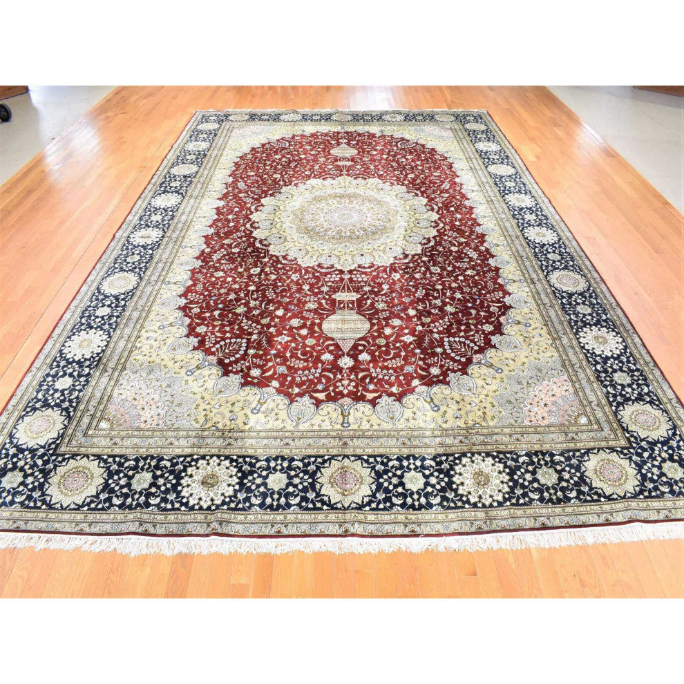 Rust Red, Kashan, 250 KPSI Silken Hand Knotted Oversized Rug, 12'1"x18'1"