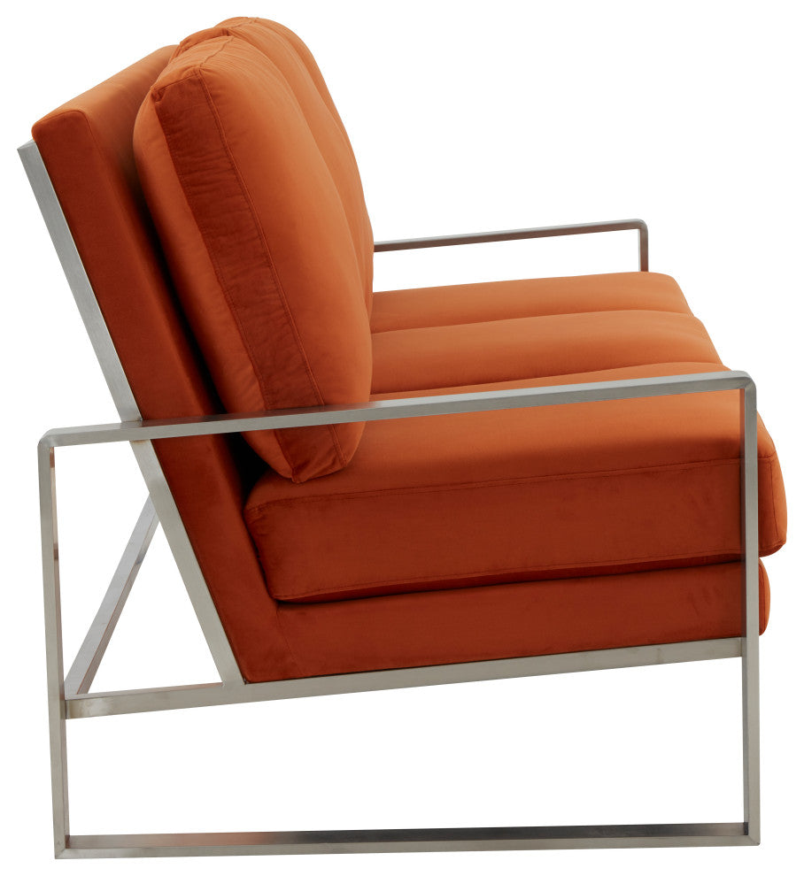 LeisureMod Jefferson Modern Design Velvet Sofa With Silver Frame, Orange