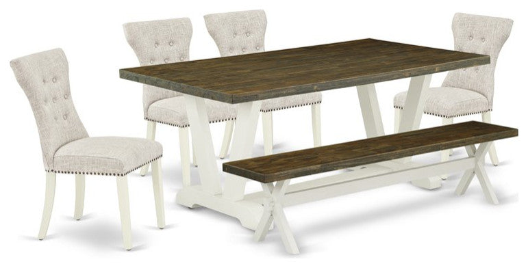 6-Piece Dinette Set, 4 Padded Chairs, Top and Wooden Legs Table and Wooden Bench