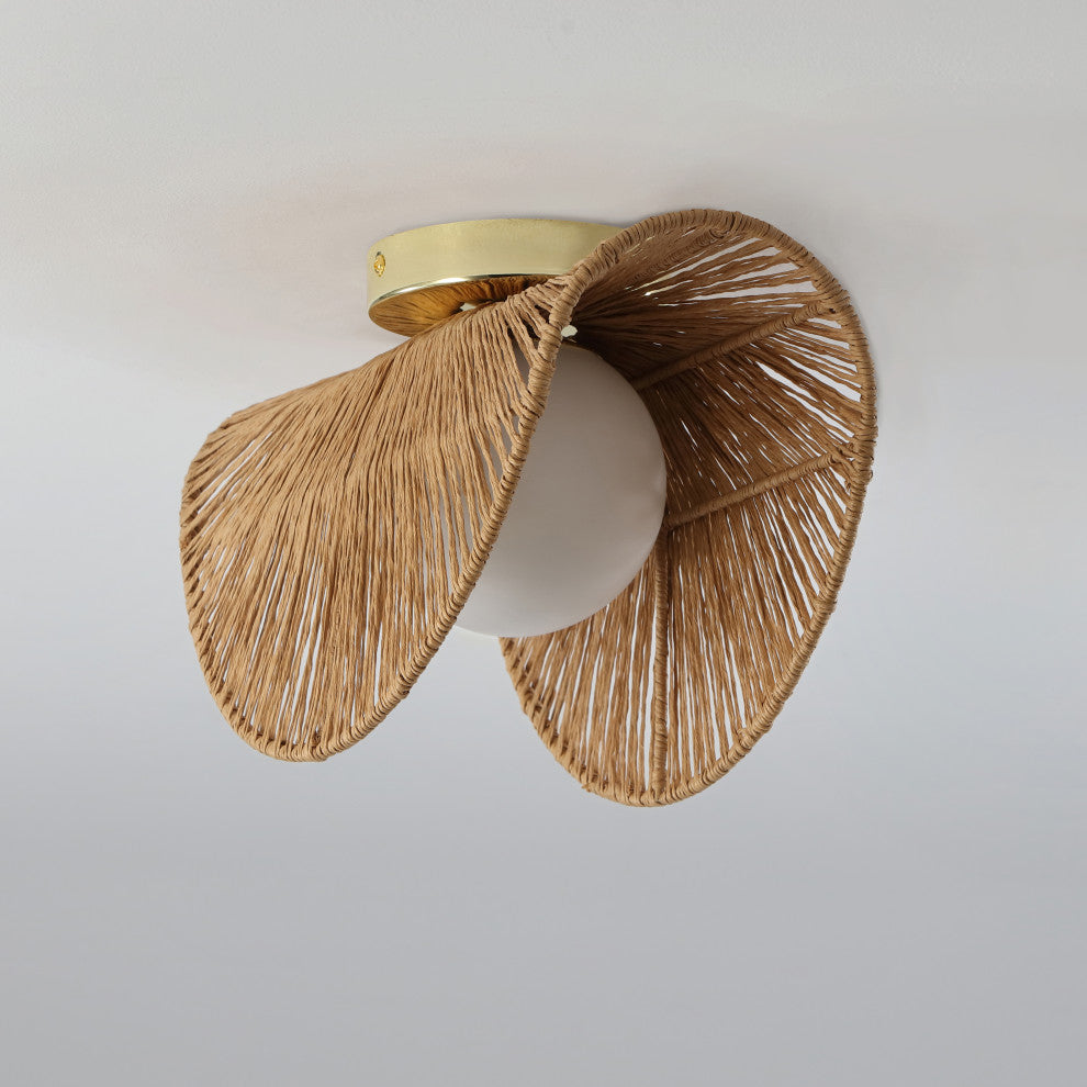 Sovev 1-Light Flush Mount or Wall Sconce, Frosted Glass Globe and Rattan Shade