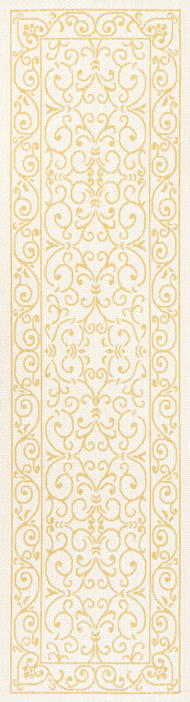 Charleston Filigree Textured Weave Indoor/Outdoor, Cream/Yellow, 2 X 8