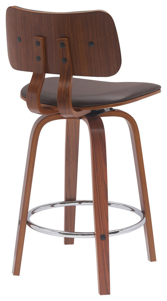 Pico 26" Swivel Walnut Wood Counter Stool, Brown Faux Leather With Chrome, 26